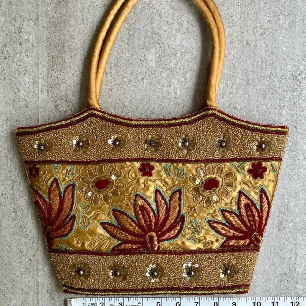 Hand Beaded Silk Indian Tote Bag  | Gold Floral Embroidery - Picture 5 of 8